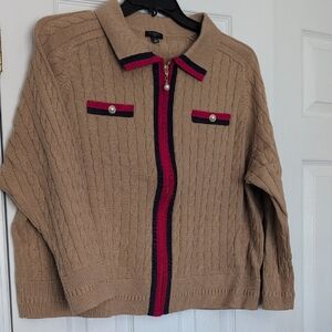 Talbots Camel Cable Knit Cardigan with Red and Navy Accents